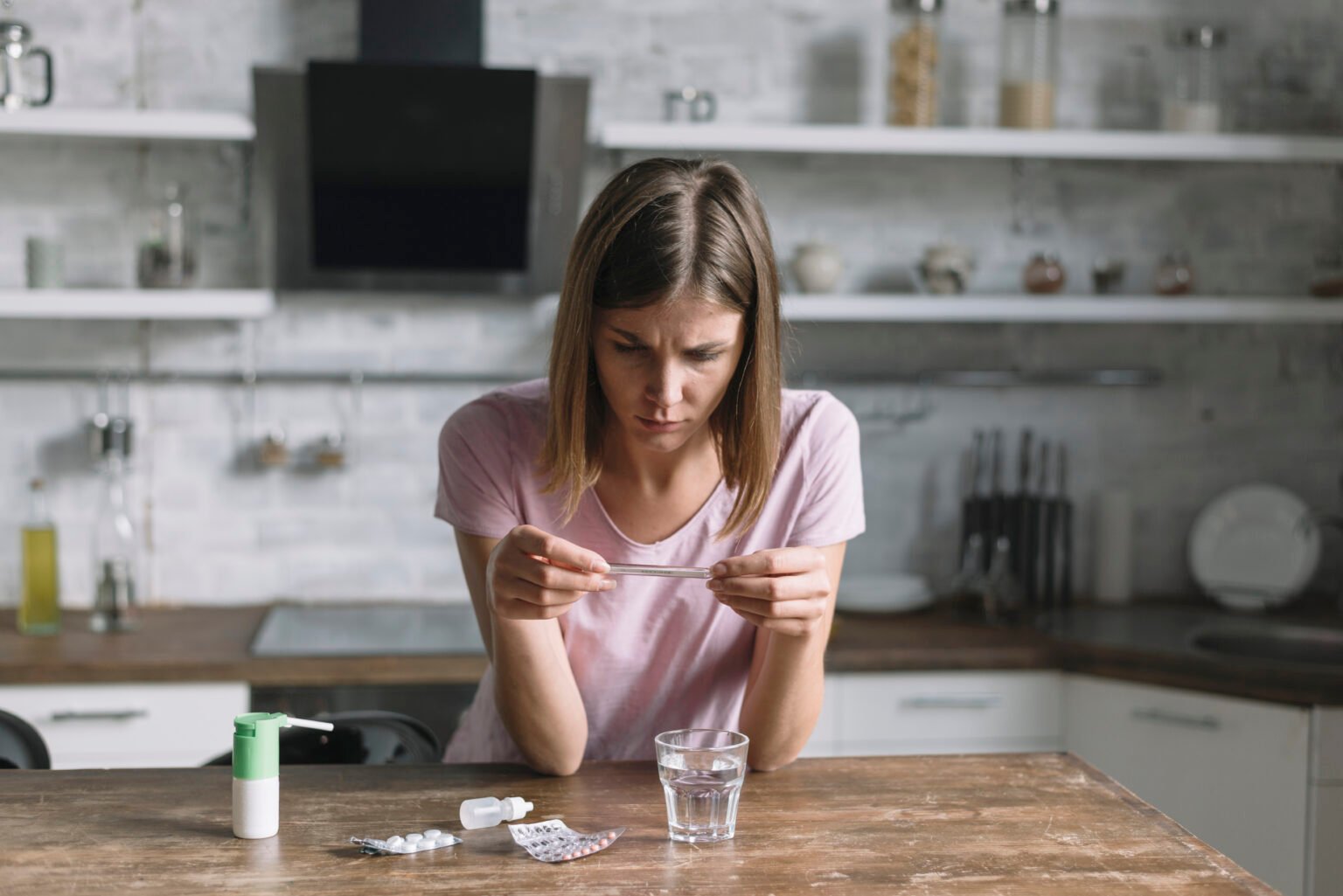 sick woman checking temperature thermometer with medicines wooden desk